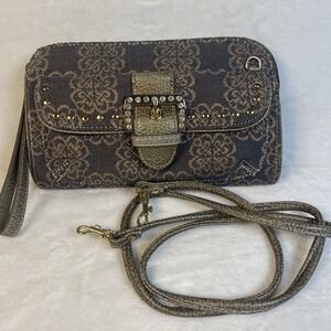 Kathy Van Zeeland Western Crossbody Wristlet Purse Gray Gold Jacquard Rhinestone